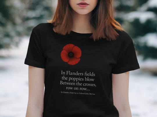 women’s remembrance day t-shirt with red poppy and flanders verse