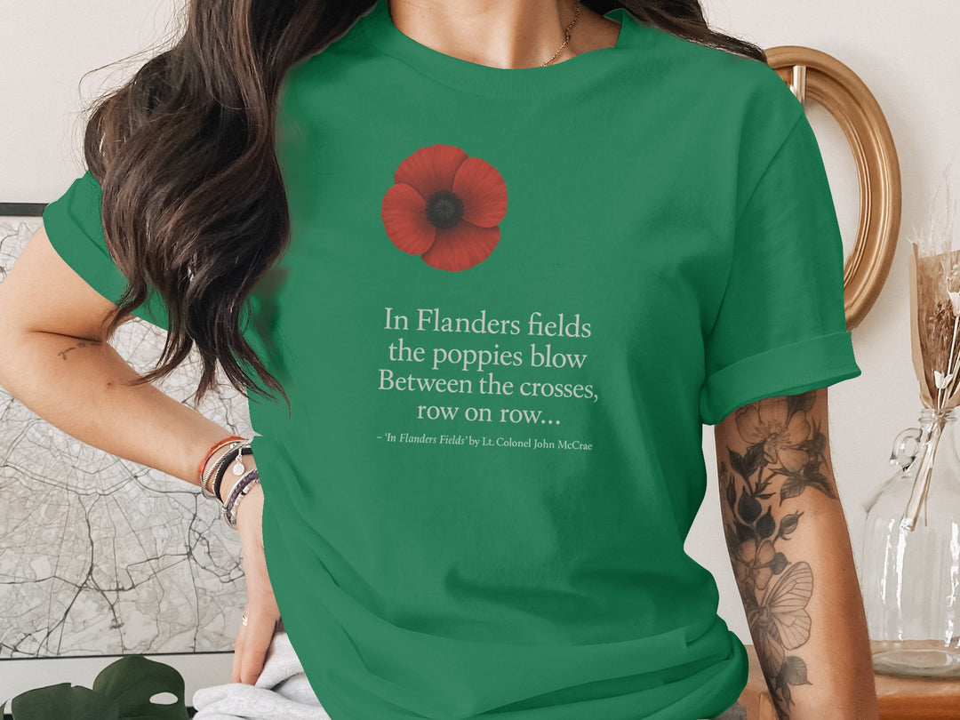 women’s remembrance day t-shirt with red poppy and flanders verse