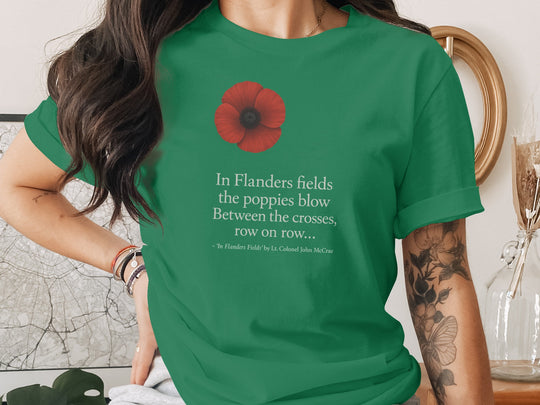 women’s remembrance day t-shirt with red poppy and flanders verse