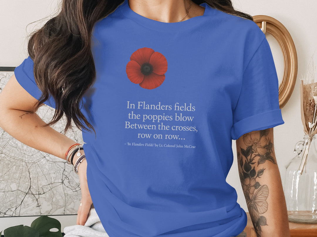 women’s remembrance day t-shirt with red poppy and flanders verse