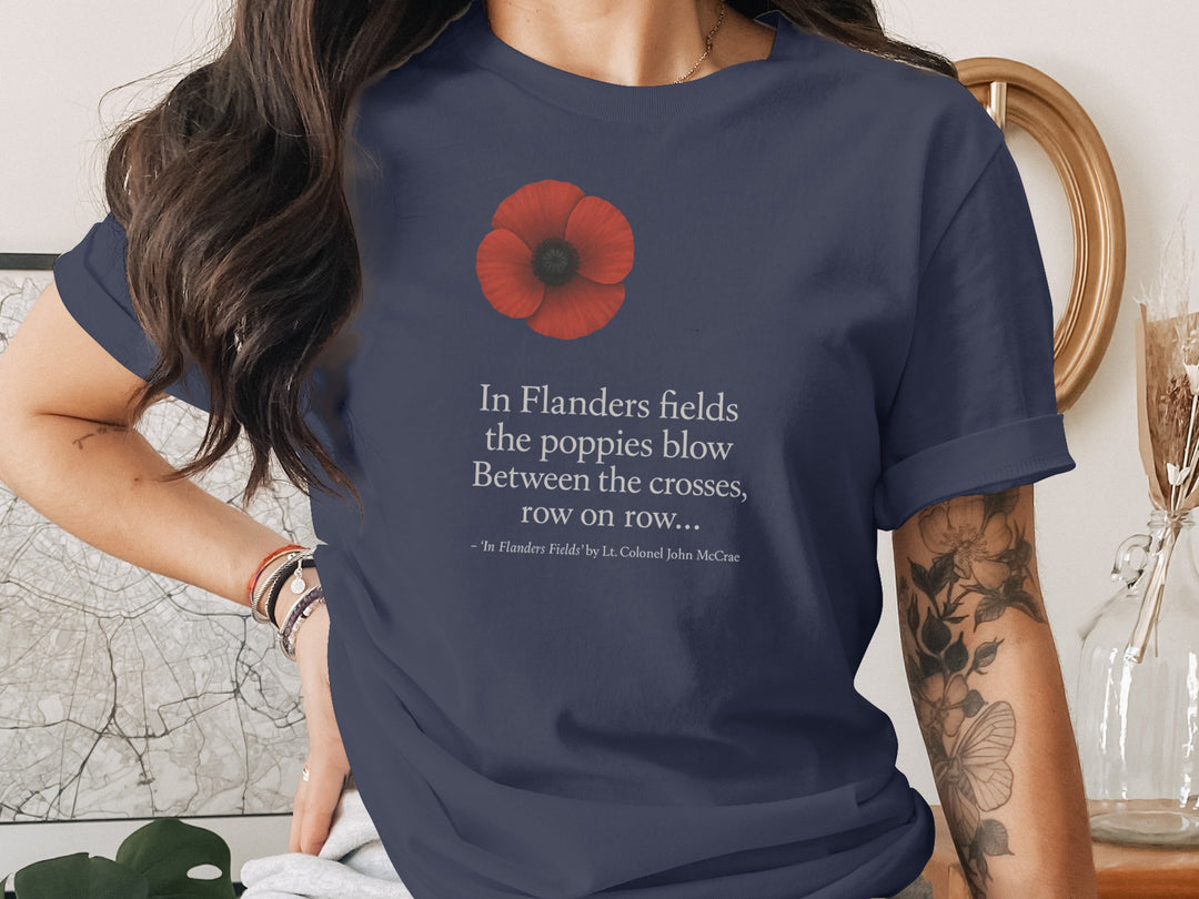 women’s remembrance day t-shirt with red poppy and flanders verse
