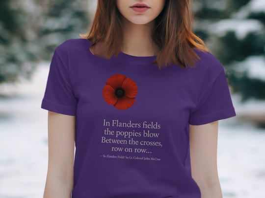 women’s remembrance day t-shirt with red poppy and flanders verse