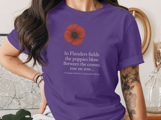 women’s remembrance day t-shirt with red poppy and flanders verse