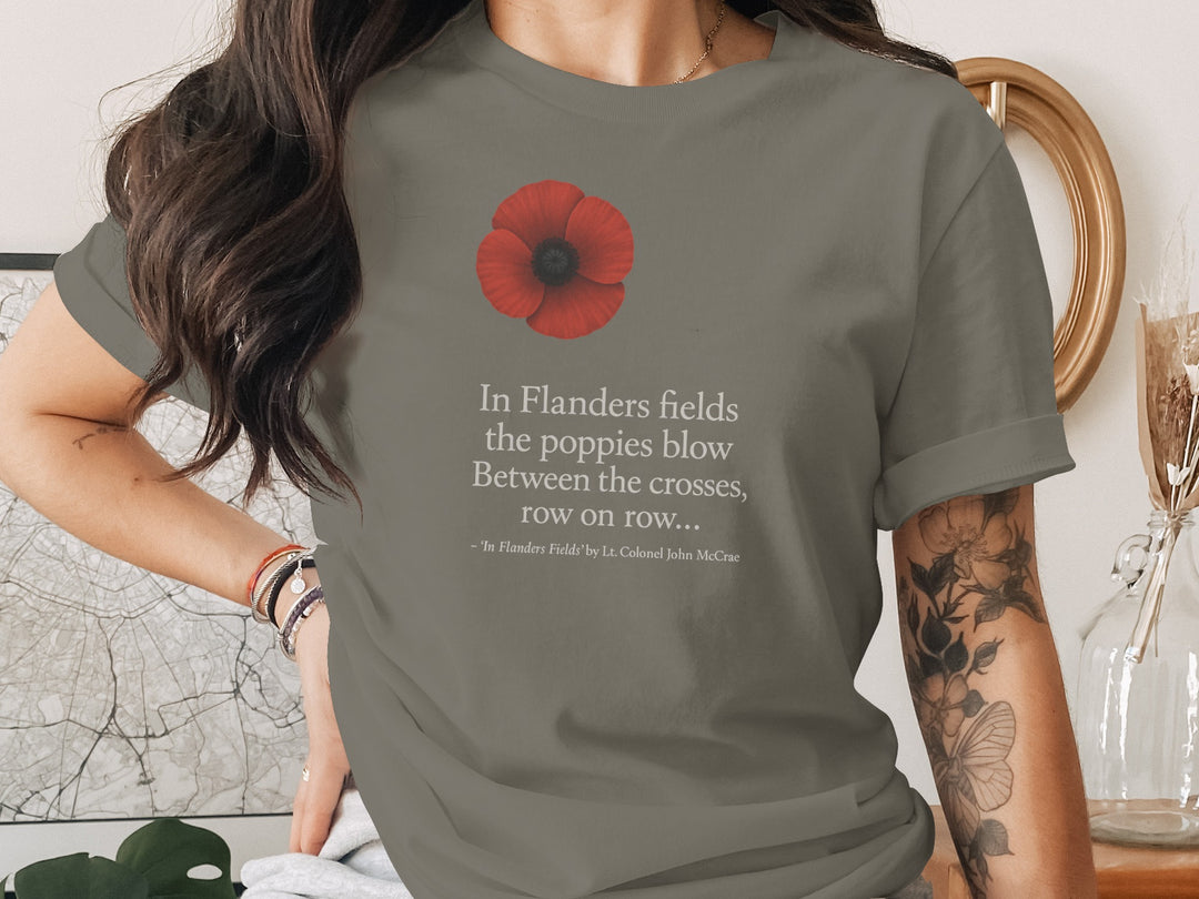 women’s remembrance day t-shirt with red poppy and flanders verse