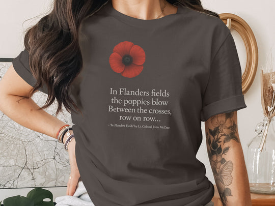 women’s remembrance day t-shirt with red poppy and flanders verse