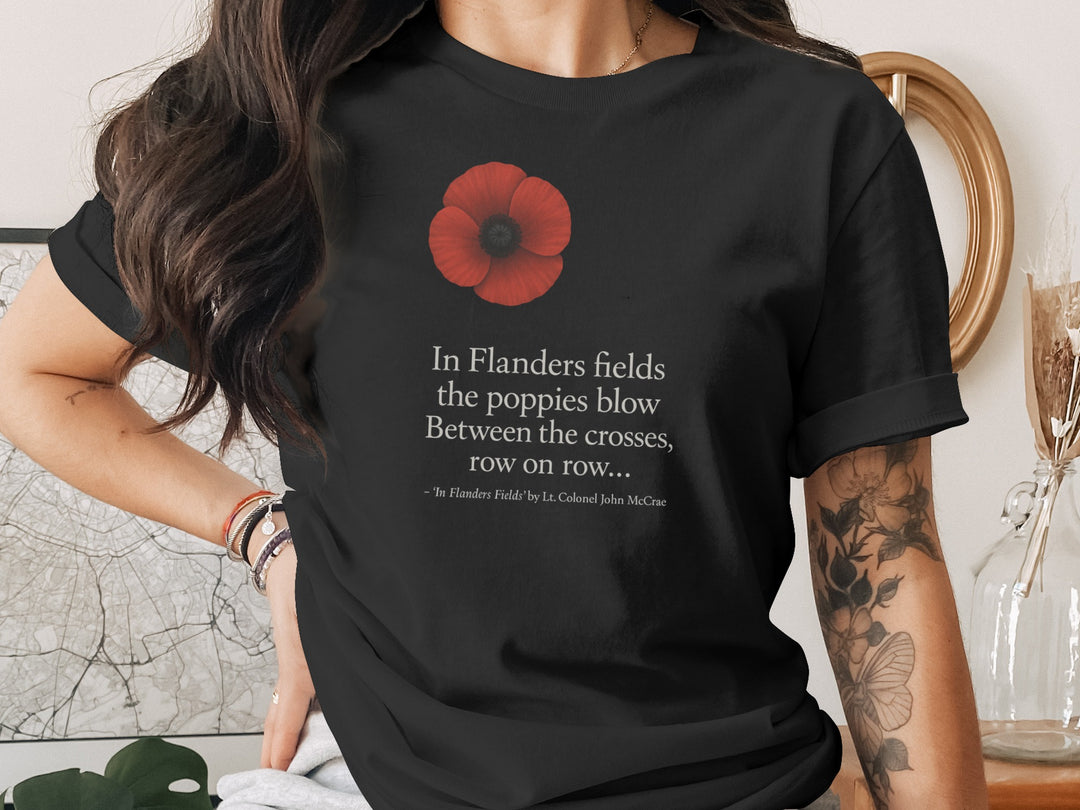 women’s remembrance day t-shirt with red poppy and flanders verse