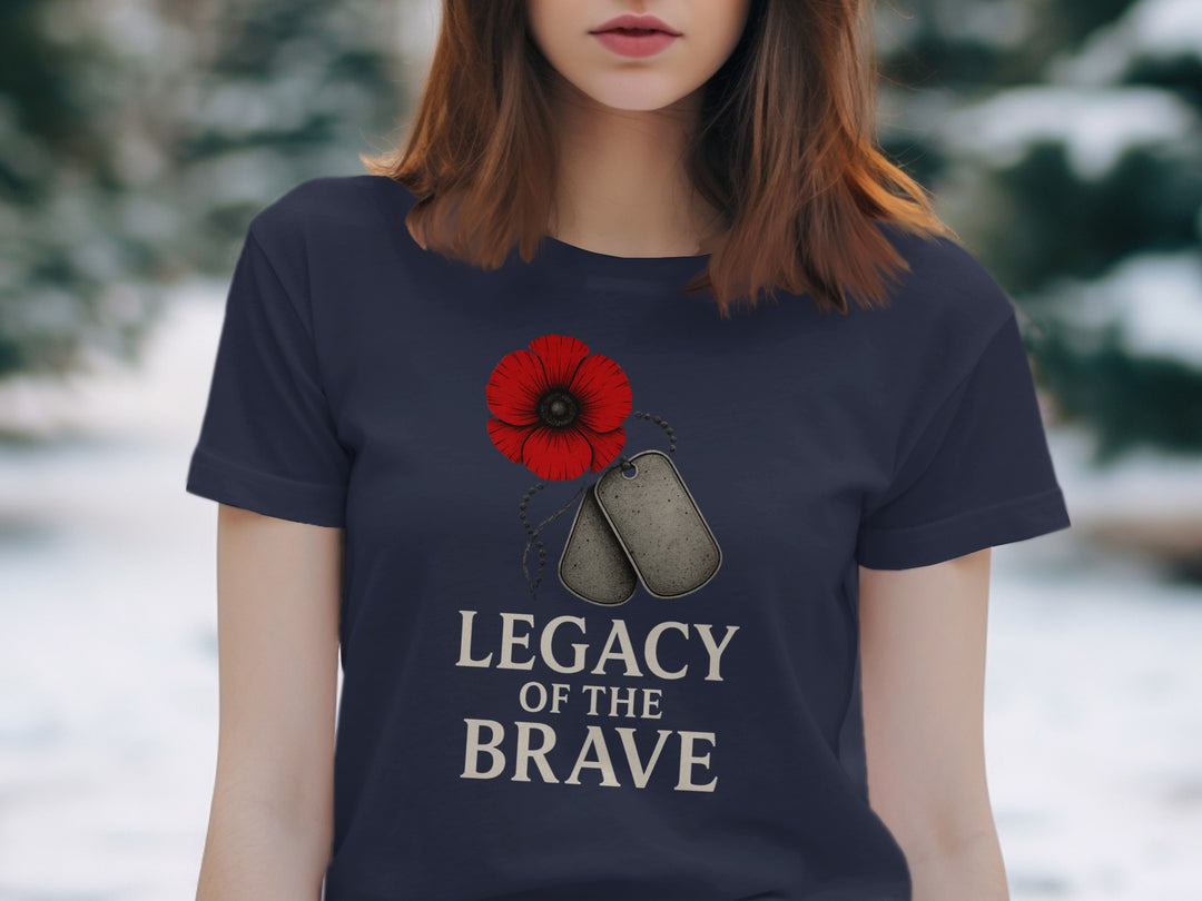 remembrance day women’s t-shirt with red poppy and dog tags — legacy of the brave