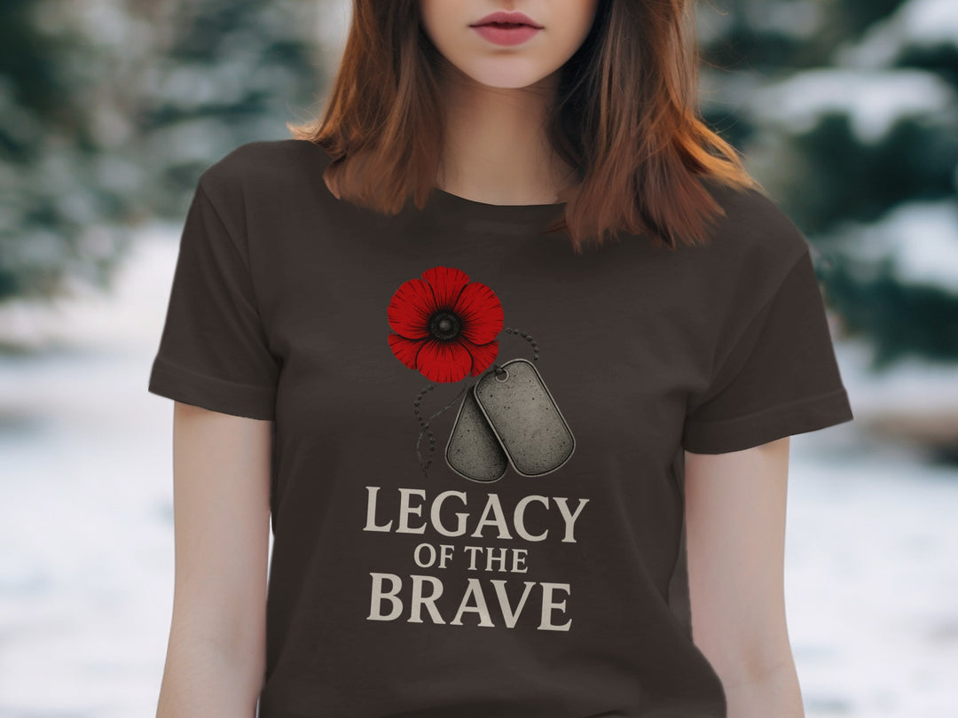 remembrance day women’s t-shirt with red poppy and dog tags — legacy of the brave