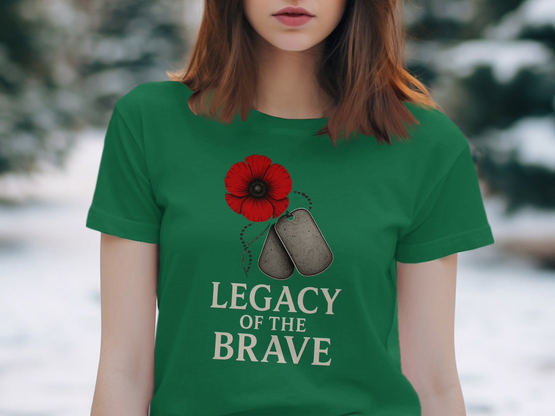 remembrance day women’s t-shirt with red poppy and dog tags — legacy of the brave