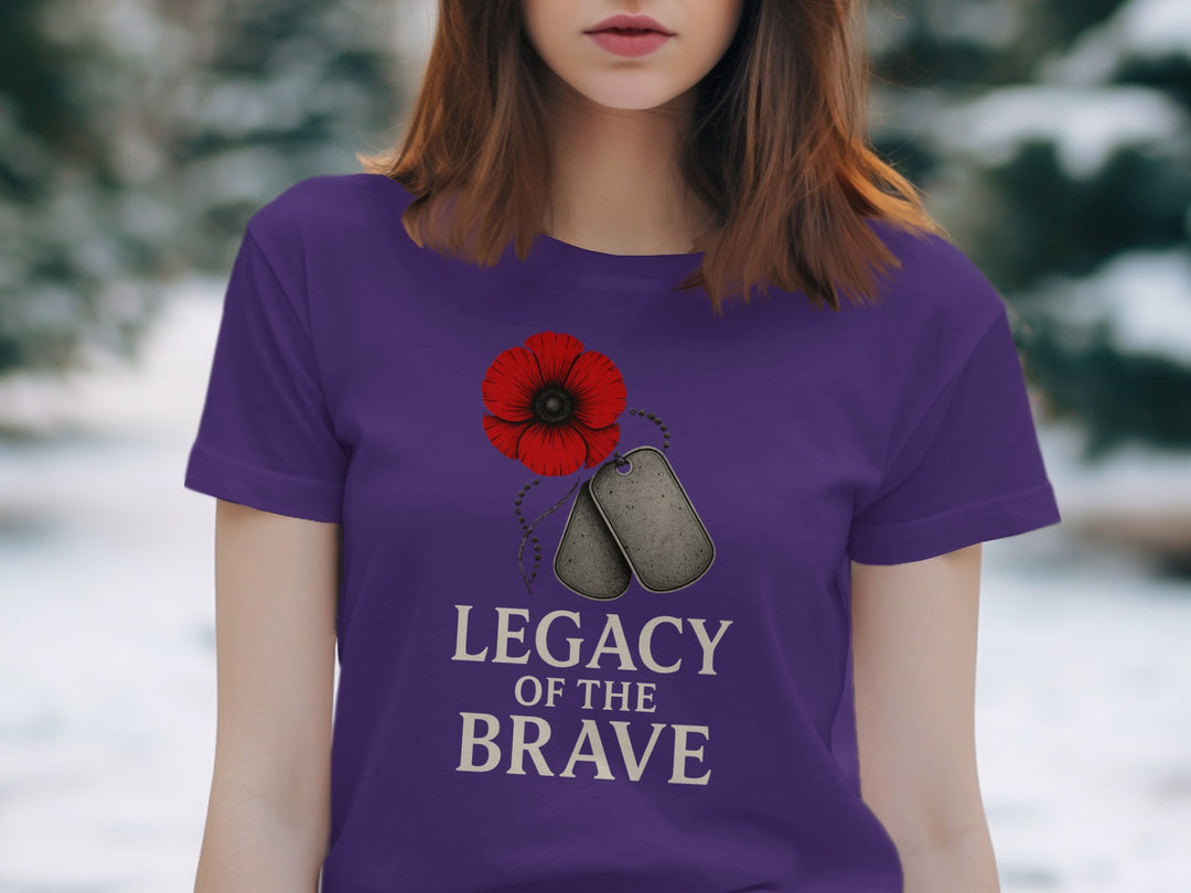 remembrance day women’s t-shirt with red poppy and dog tags — legacy of the brave