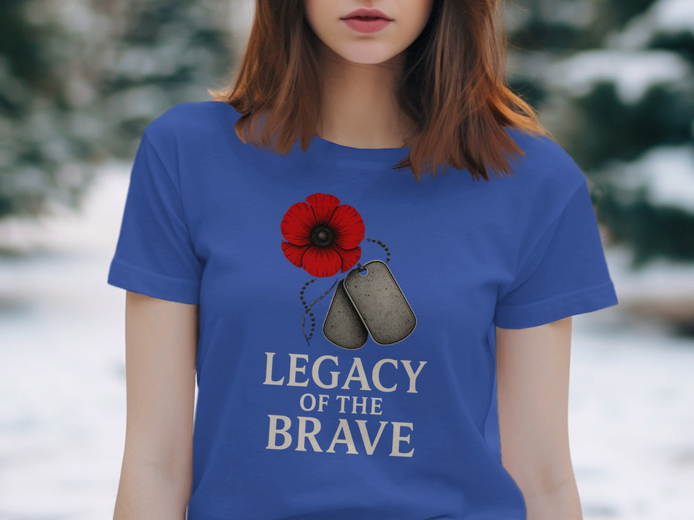 remembrance day women’s t-shirt with red poppy and dog tags — legacy of the brave
