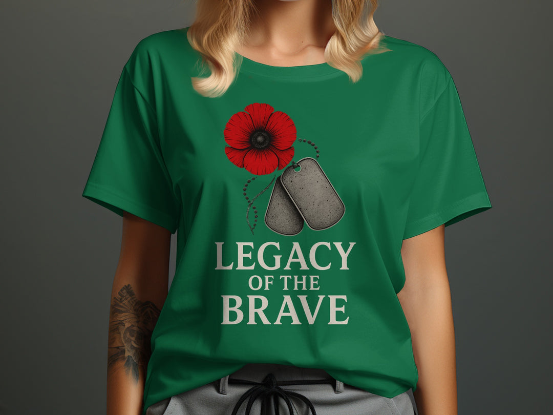 remembrance day women’s t-shirt with red poppy and dog tags — legacy of the brave