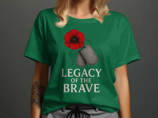 remembrance day women’s t-shirt with red poppy and dog tags — legacy of the brave