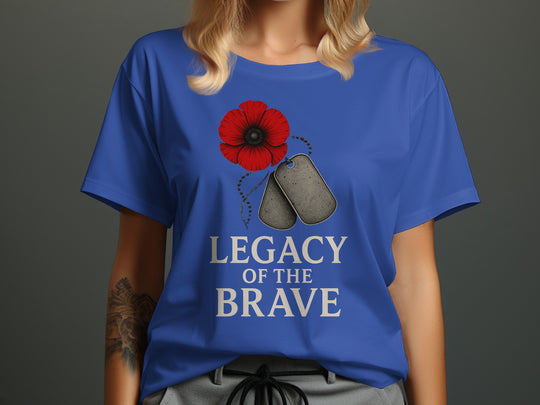 remembrance day women’s t-shirt with red poppy and dog tags — legacy of the brave
