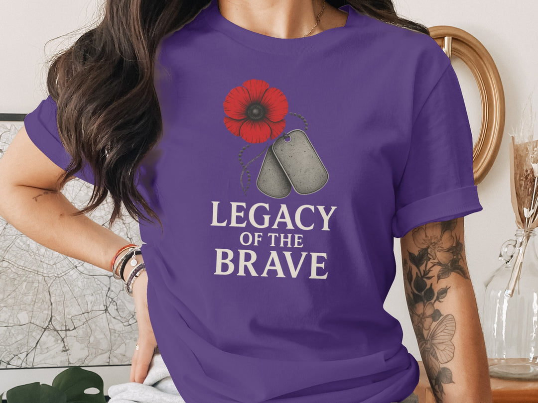 remembrance day women’s t-shirt with red poppy and dog tags — legacy of the brave