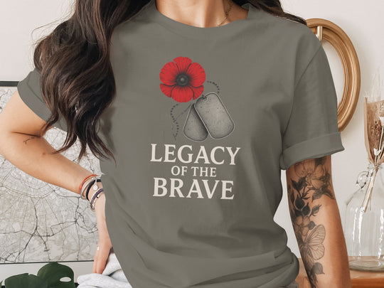 remembrance day women’s t-shirt with red poppy and dog tags — legacy of the brave