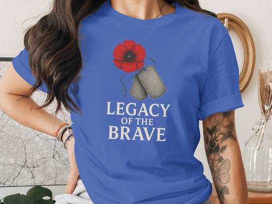 remembrance day women’s t-shirt with red poppy and dog tags — legacy of the brave