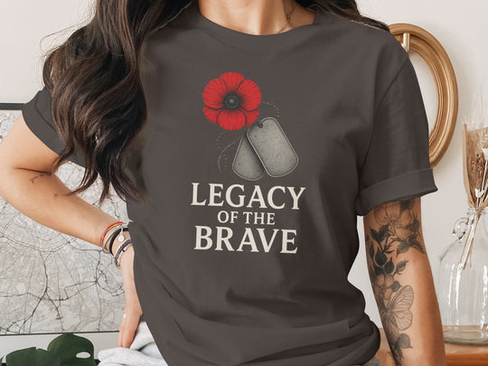 remembrance day women’s t-shirt with red poppy and dog tags — legacy of the brave