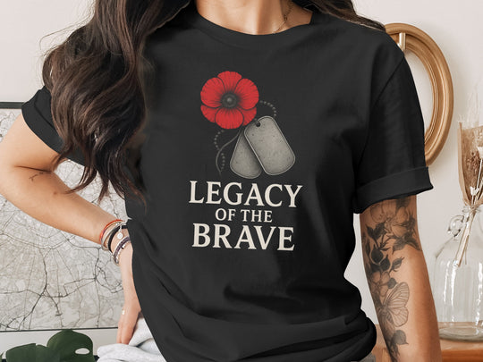 remembrance day women’s t-shirt with red poppy and dog tags — legacy of the brave