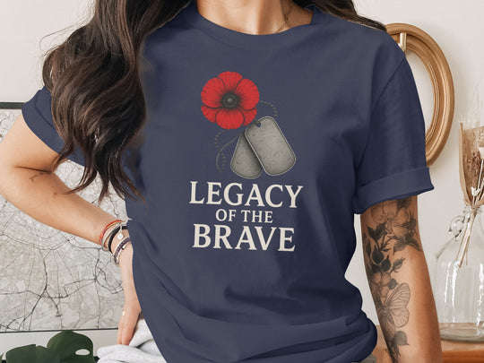 remembrance day women’s t-shirt with red poppy and dog tags — legacy of the brave