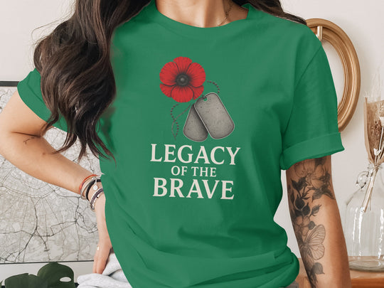 remembrance day women’s t-shirt with red poppy and dog tags — legacy of the brave