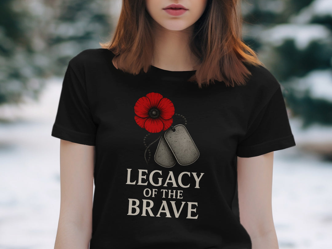 remembrance day women’s t-shirt with red poppy and dog tags — legacy of the brave