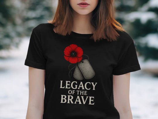 remembrance day women’s t-shirt with red poppy and dog tags — legacy of the brave