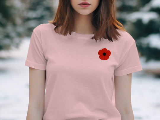 women’s remembrance day t-shirt with single red poppy graphic