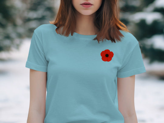 women’s remembrance day t-shirt with single red poppy graphic