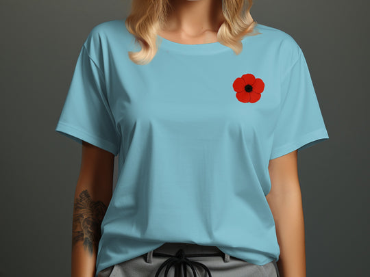 women’s remembrance day t-shirt with single red poppy graphic