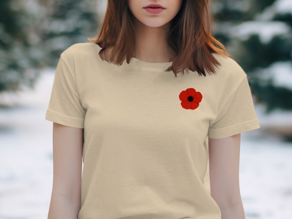 women’s remembrance day t-shirt with single red poppy graphic