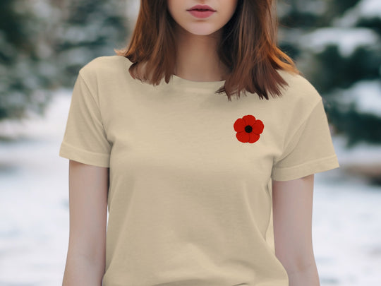 women’s remembrance day t-shirt with single red poppy graphic