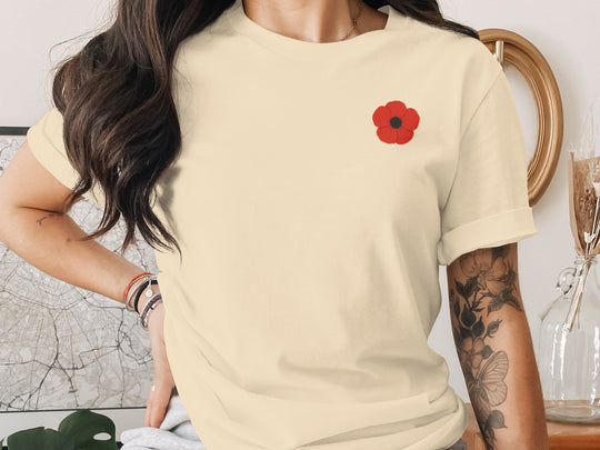 women’s remembrance day t-shirt with single red poppy graphic