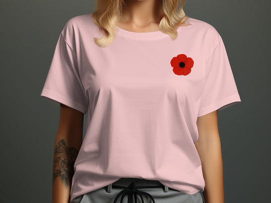 women’s remembrance day t-shirt with single red poppy graphic