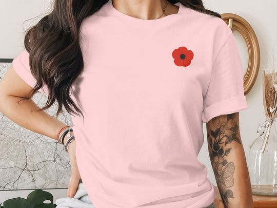 women’s remembrance day t-shirt with single red poppy graphic