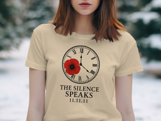 women’s remembrance day t-shirt with poppy and roman-numeral clock — the silence speaks
