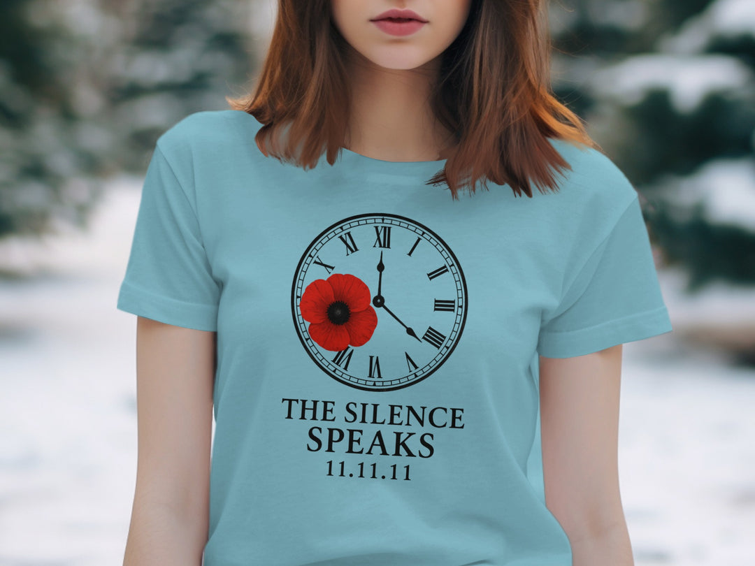 women’s remembrance day t-shirt with poppy and roman-numeral clock — the silence speaks