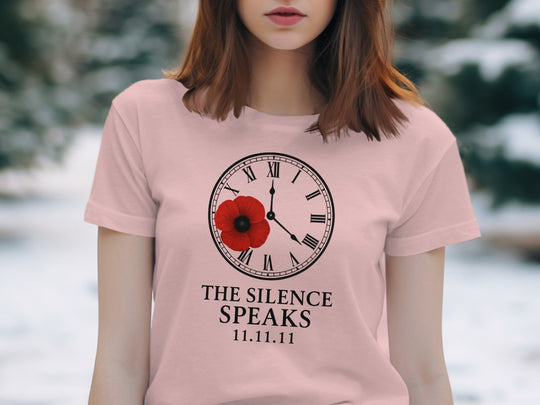 women’s remembrance day t-shirt with poppy and roman-numeral clock — the silence speaks