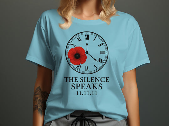 women’s remembrance day t-shirt with poppy and roman-numeral clock — the silence speaks