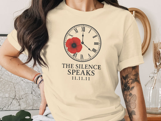 women’s remembrance day t-shirt with poppy and roman-numeral clock — the silence speaks
