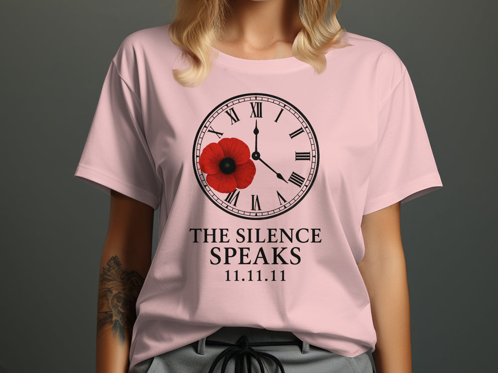 women’s remembrance day t-shirt with poppy and roman-numeral clock — the silence speaks