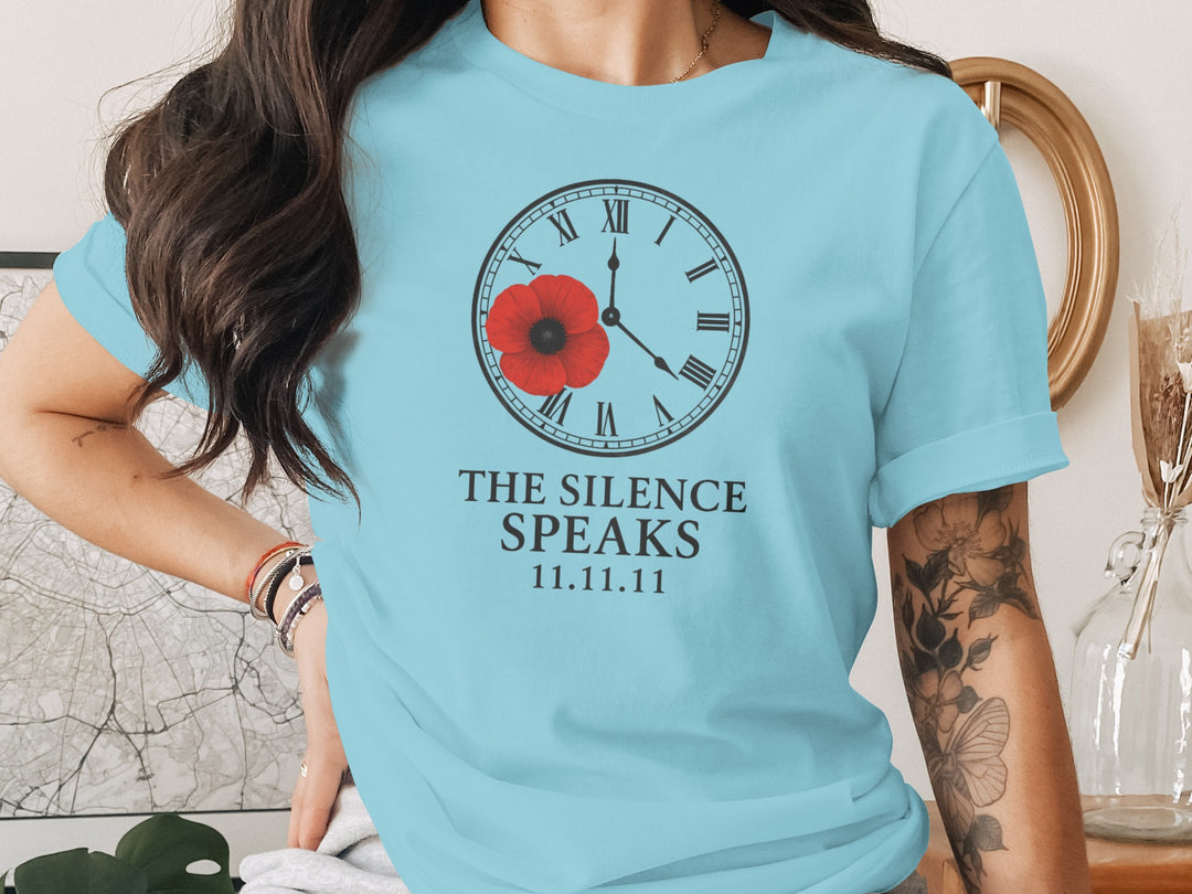 women’s remembrance day t-shirt with poppy and roman-numeral clock — the silence speaks