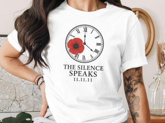 women’s remembrance day t-shirt with poppy and roman-numeral clock — the silence speaks
