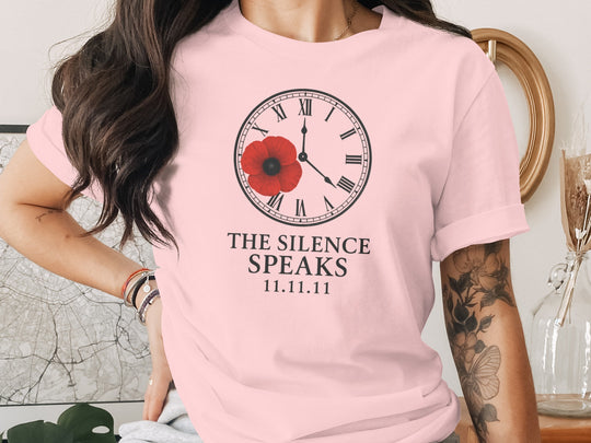 women’s remembrance day t-shirt with poppy and roman-numeral clock — the silence speaks