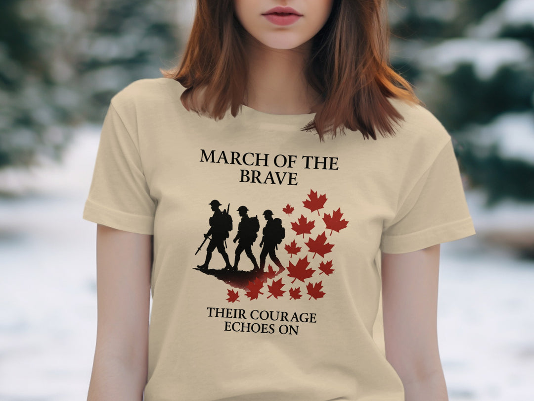 remembrance day women’s t-shirt with marching soldiers and red maple leaves — march of the brave