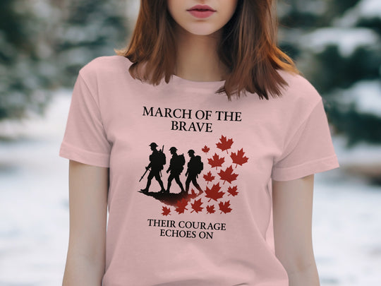 remembrance day women’s t-shirt with marching soldiers and red maple leaves — march of the brave