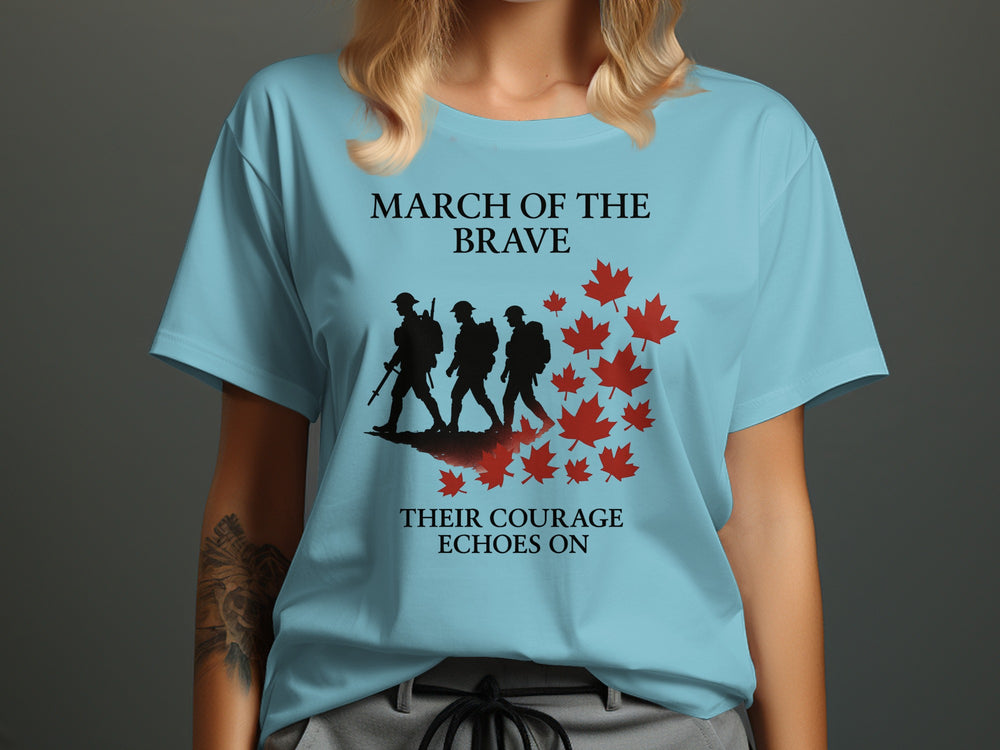 remembrance day women’s t-shirt with marching soldiers and red maple leaves — march of the brave
