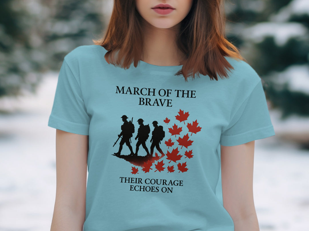 remembrance day women’s t-shirt with marching soldiers and red maple leaves — march of the brave