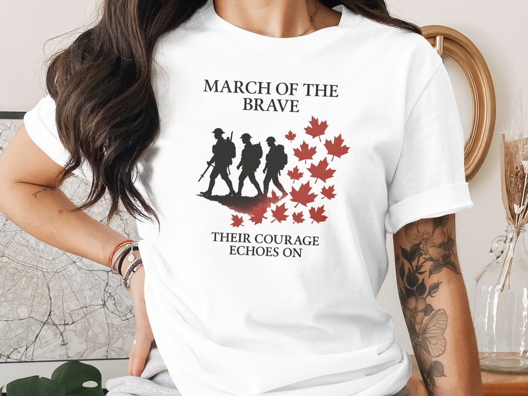 remembrance day women’s t-shirt with marching soldiers and red maple leaves — march of the brave