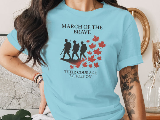remembrance day women’s t-shirt with marching soldiers and red maple leaves — march of the brave